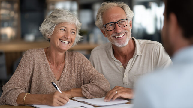 Happy senior couple meeting with a financial advisor while signing documents, planning retirement savings and secure finances for a comfortable future