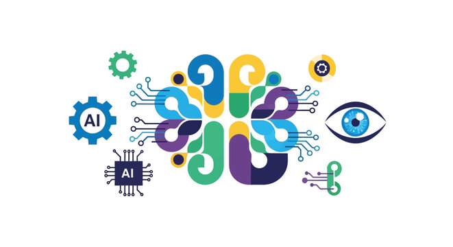 Colorful AI and technology symbols.