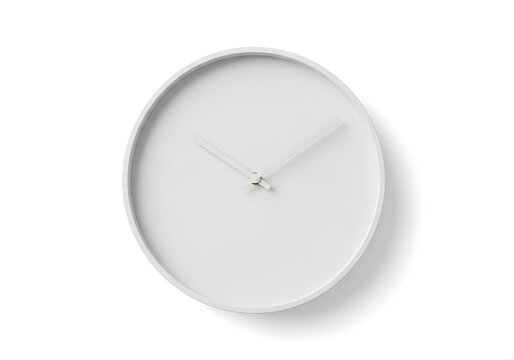 Isolated round white wall clock with simple thin hands and clean face, time management, deadline planning, schedule efficiency