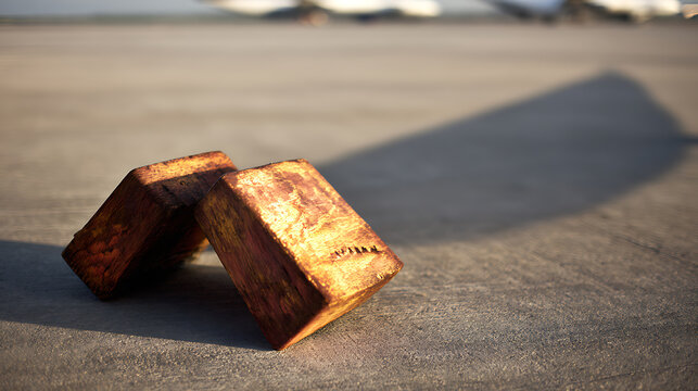 Wooden blocks on tarmac near plane symbolizing financial stability and economic growth