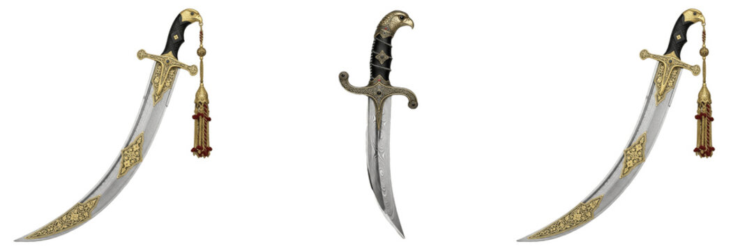Antique Curved Dagger: Ornate Medieval Short Sword, Traditional Steel Blade, Historical Weapon Artifact, Middle Eastern Scimitar PNG.