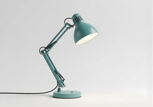Isolated teal architect table lamp with adjustable arm and swivel head for study, desk workspace illumination and reading
