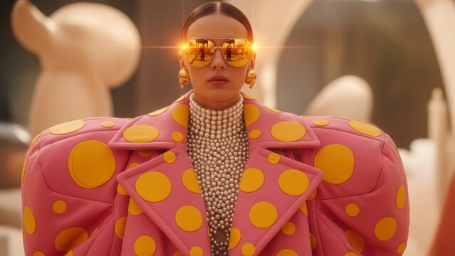 Avant-Garde Woman in Oversized Pink Polka Dot Coat with Pearl Necklace and Golden Sunglasses in Surreal Setting