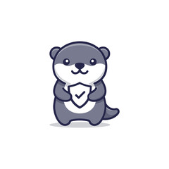 Naklejka premium Cute Otter Holding Shield with Checkmark Icon - Security and Protection Concept