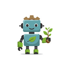 Obraz premium Cute Robot Holding Green Plant Sprout with Leaf Logo, Eco-friendly Technology Concept