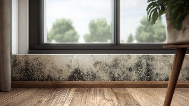 Mold spores growing behind the baseboard at the bottom of a window in a luxury modern living room.