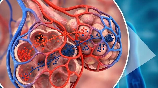 Human lung alveoli showing gas exchange in capillary network, suitable for medical research, biology education, respiratory health, and healthcare.