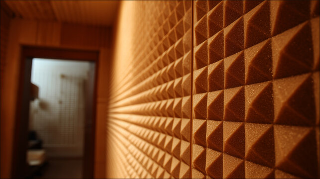 Closeup of acoustic foam wall panels in soundproof room, showcasing audio insulation, modern studio design, and geometric interior texture.
