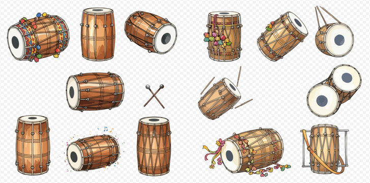 Set of traditional Indian dholak drums and percussion instruments in various poses, hand-drawn vector illustration.