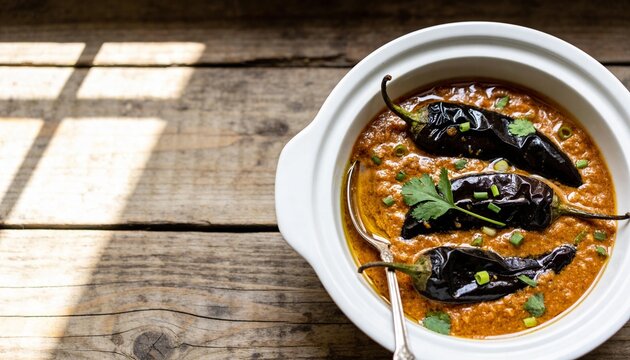 Stuffed Roasted Poblano Peppers in Spicy Tomato Gravy on a Rustic Wooden Table