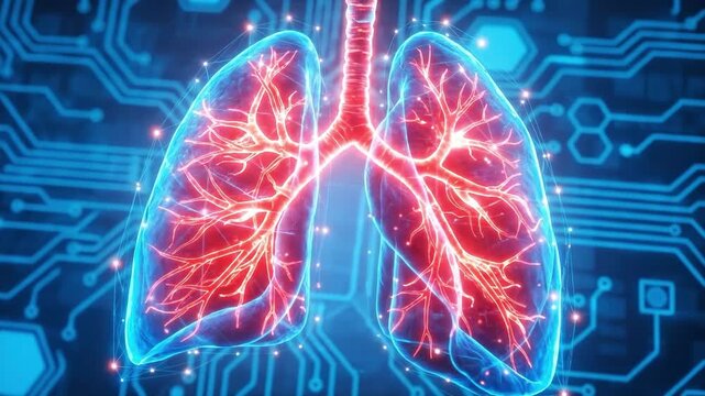 Human lung anatomy illustrated with digital technology circuitry, suitable for medical research, healthcare technology, clinical study, and education.