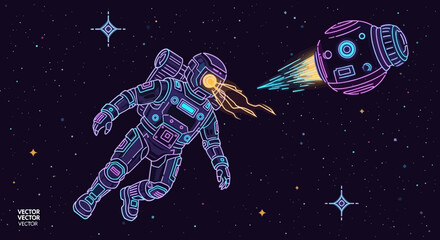 Astronaut floating in deep space with futuristic satellite probe © embun