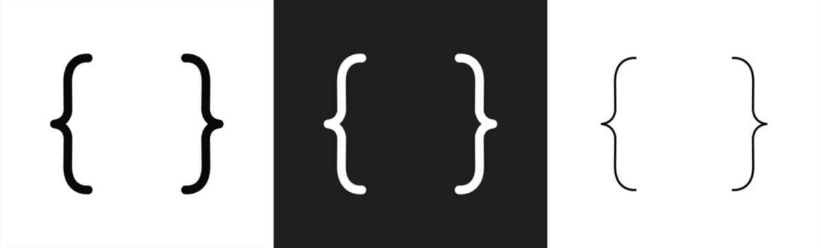 Set of linear curly brace icons with different stroke weights. Minimalist graphic elements for text formatting, programming, and mathematical formulas. Vector illustration.