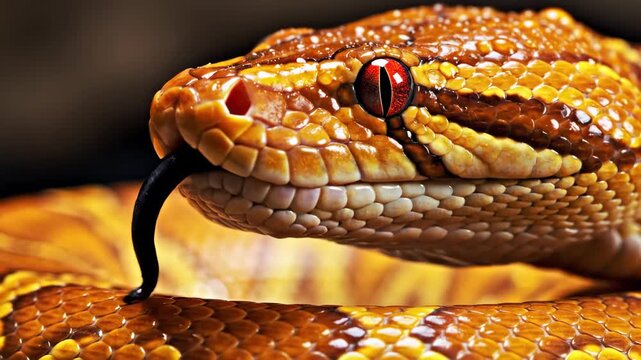 Close-up macro shot of a vibrant orange python snake flicking its tongue, with sharp focus on its red eye and intricate scales, set against a dark, blurred background.