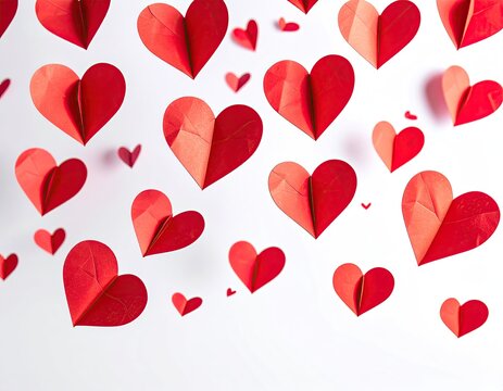 Red paper hearts scattered on a white surface