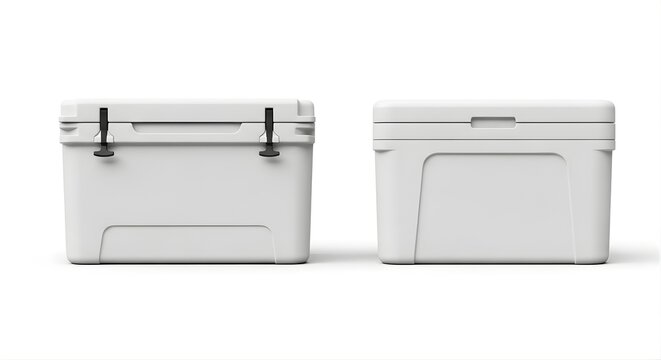 Two white hard shell portable cooler boxes for camping, fishing, outdoor recreation, insulation, beverage storage, travel gear