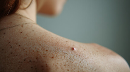 Fototapeta premium Close up of human back skin with moles and small red spots, highlighting dermatology, skin texture, body health, and medical examination concept