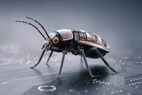 Futuristic robotic insect standing on an electronic circuit board. Cybersecurity threats, computer bugs, malware, artificial intelligence, digital systems, robotics, surveillance tech concept