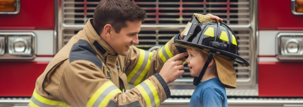 Firefighter man helping little child wear fire helmet near red fire engine. Community relations and fire safety education. Professional rescuer teaching kid about emergency services. Banner with copy