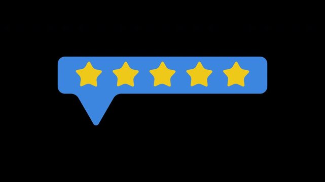 Five yellow stars rating icon in a blue speech bubble chat box isolated on black background for customer feedback and testimonial concept