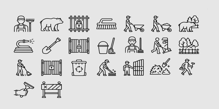 icon set collection of zoo keeper duties, featuring animal habitat cleaning, waste management, safety gates, and professional wildlife enclosure maintenance.