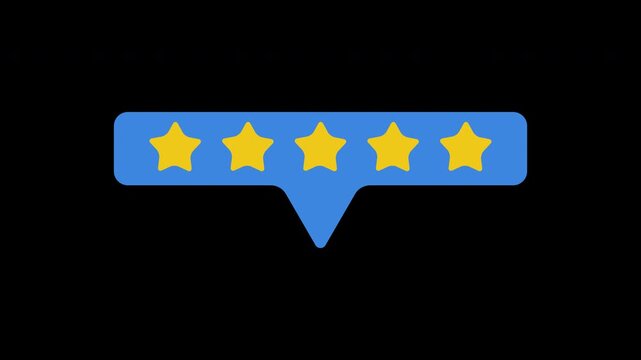 Five star rating feedback speech bubble with yellow stars on blue background for customer review and testimonial ranking.