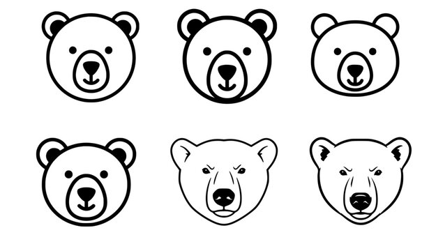 Cute polar bear face vector line art icon with minimalist geometric design and bold black outlines for kids logos