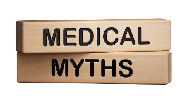 Medical myths. Flat lay composition with wooden squares and medical supplies.Supports PNG files with transparent backgrounds.