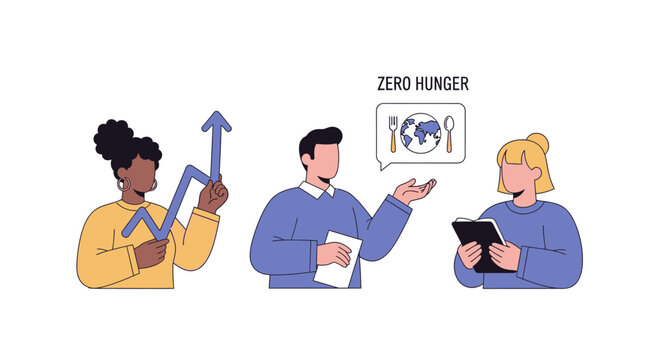 Diverse professionals collaborating on zero hunger initiative and global sustainability goals. EPS Editable. Vector Illustrations.