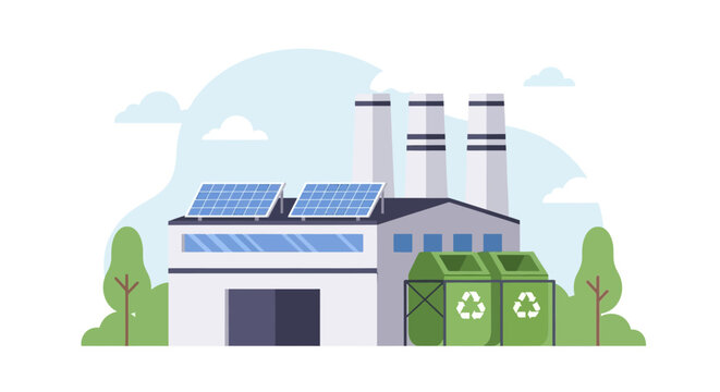 Eco friendly factory building with solar panels and recycling bins. EPS Editable. Vector Illustrations.