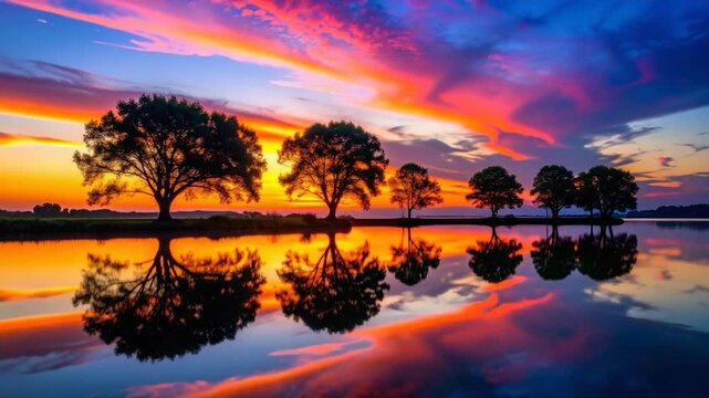 Trees reflect in calm water as vibrant sunset paints the sky