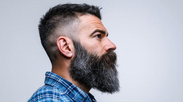 Side profile portrait of a bearded man with a modern fade haircut isolated on white background, showcasing stylish grooming and masculine fashion