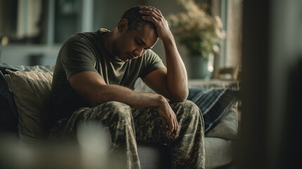 Obraz premium Stressed soldier sitting on a couch holding his head, representing mental health struggles, trauma, anxiety, depression, and emotional exhaustion