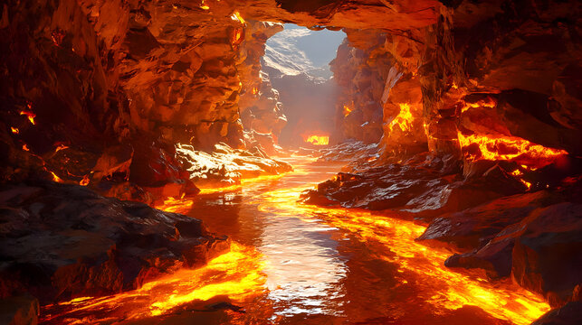 Dramatic volcanic cave with flowing lava and glowing light