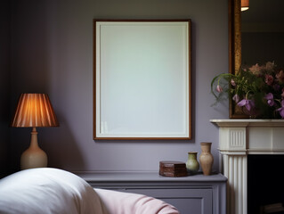 Naklejka premium Blank vertical poster frame mockup hanging on a purple wall, creating a clean elegant art display