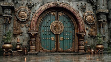 Obraz premium Ornate double doors, a steampunk aesthetic, intricate details, and aged textures