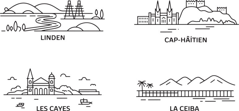 Line art vector icons showing Linden Cap Haitien Les Cayes and La Ceiba cityscapes