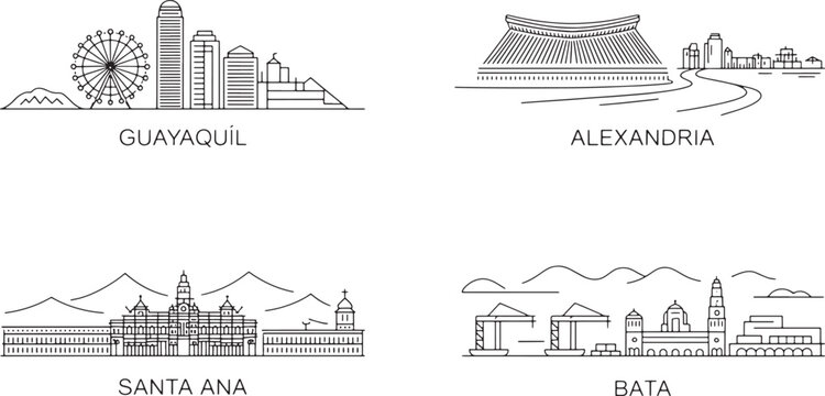 Line icons of world skylines guayaquil alexandria santa ana bata including ecuador egypt el salvador equatorial guinea