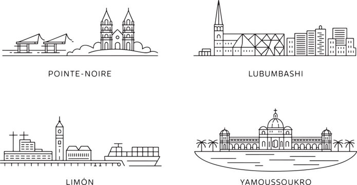 Linear art city skylines for Pointe Noire Lubumbashi Limon and Yamoussoukro with urban details
