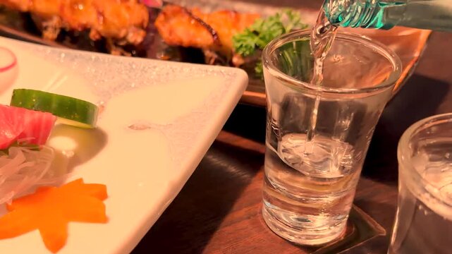 Pouring sake into small shot glass beside japanese food platter and second glass.