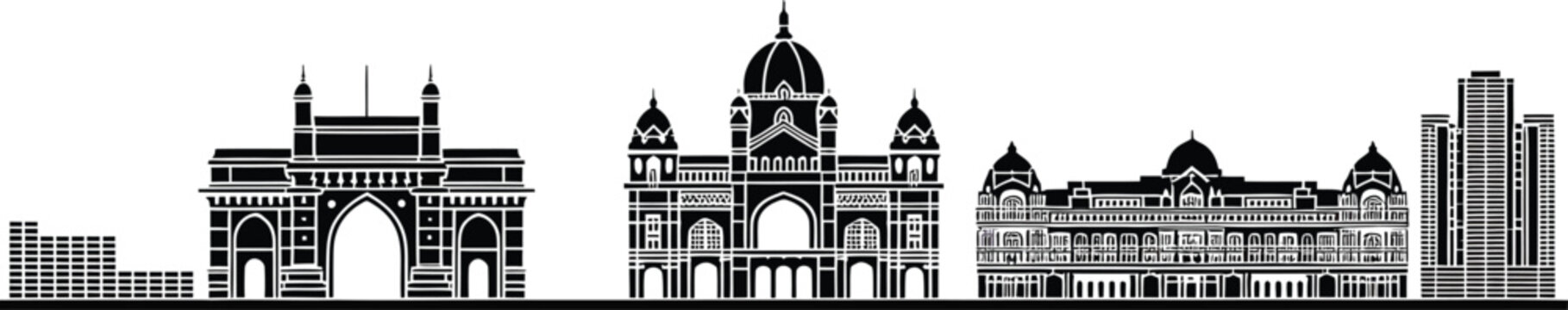 Mumbai city skyline india with gateway of india taj mahal palace and other buildings