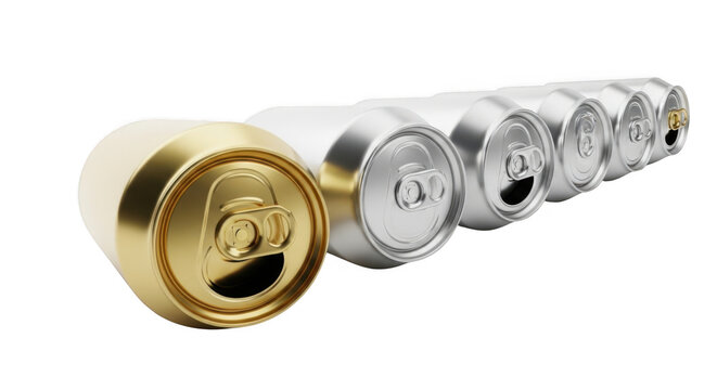 3d illustration of a row of aluminum soda cans with one golden can in the front isolated on transparent background