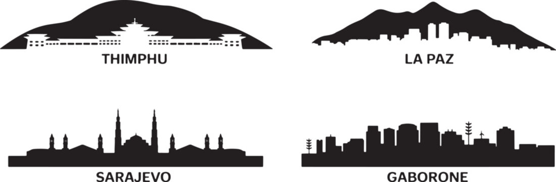 Thimphu, La Paz, Sarajevo, Gaborone skylines set against mountain and urban backgrounds vector