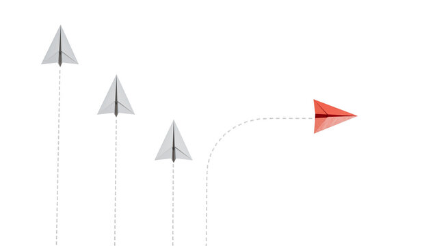 Red paper plane out of line with white paper to change disrupt and finding new normal way on blue background. Lift and business creativity new idea to discovery innovation technology.