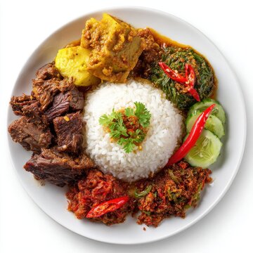 Nasi padang assorted Minang dishes with rice beef rendang isolated on a white background