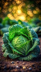 Fototapeta premium A realistic photo of A large green cabbage is sitting on the ground