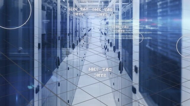 Camera pushing down server aisle, HUD grid projecting, nodes converging, mapping network activity