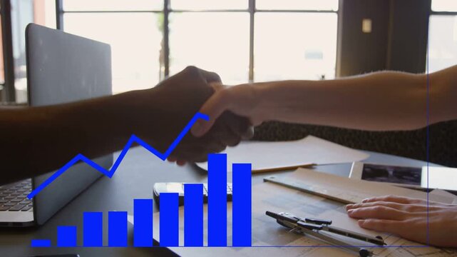 Vertical video: Reaching hands starting shake over office desk, closing deal with blue chart rising