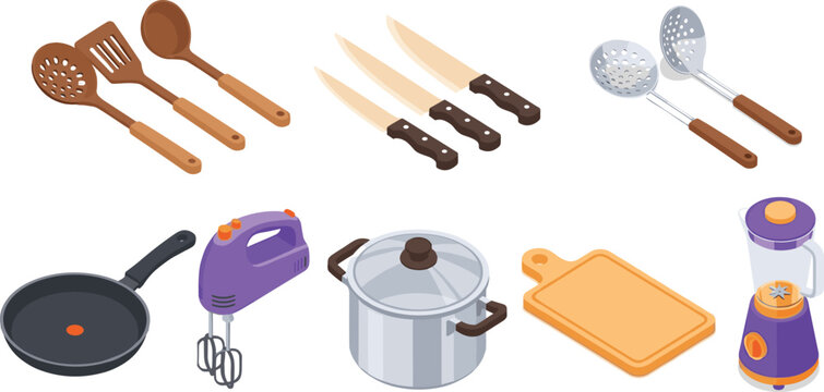 Isometric kitchen utensils and cookware set with knives, pan, pot, mixer, cutting board and blender illustration