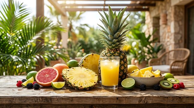 Pesta buah tropis segar dengan nanas, jeruk, kiwi, dan semangat di meja kayu alami di teras terbuka